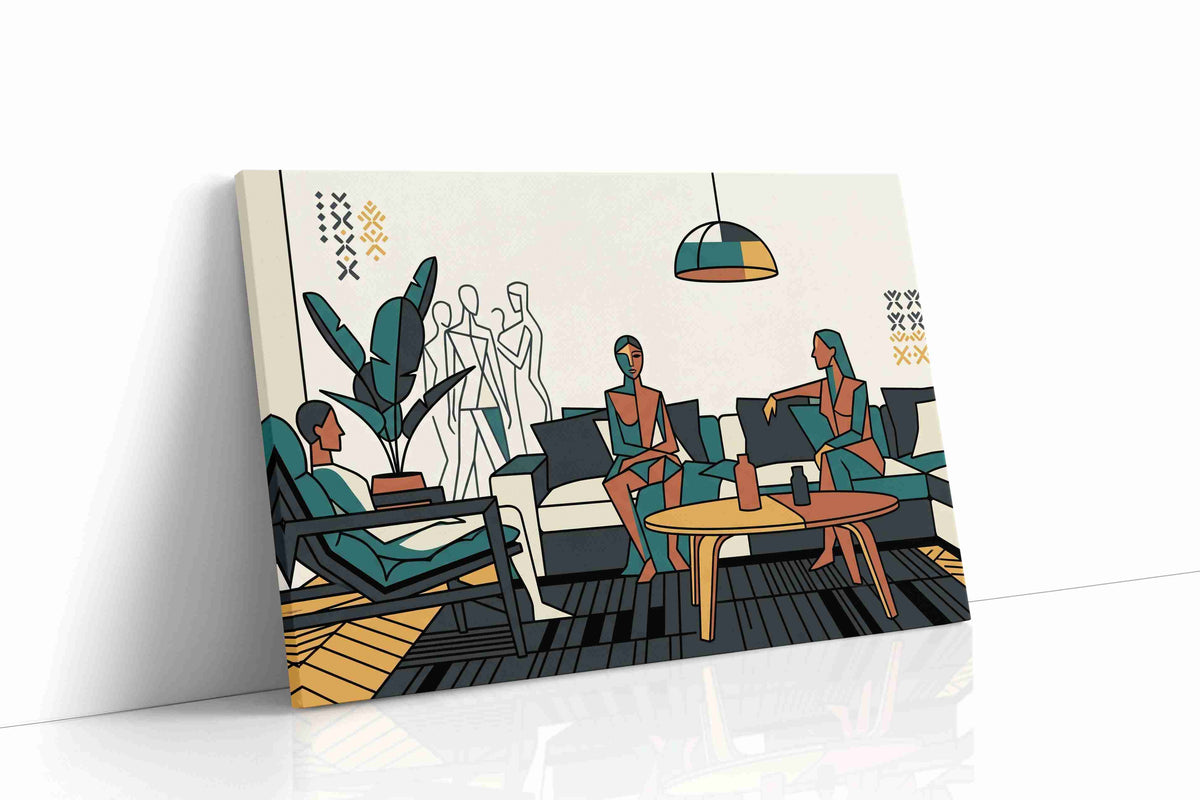 Teal Reverie Gathering canvas wall art displayed above a sofa in a modern living room