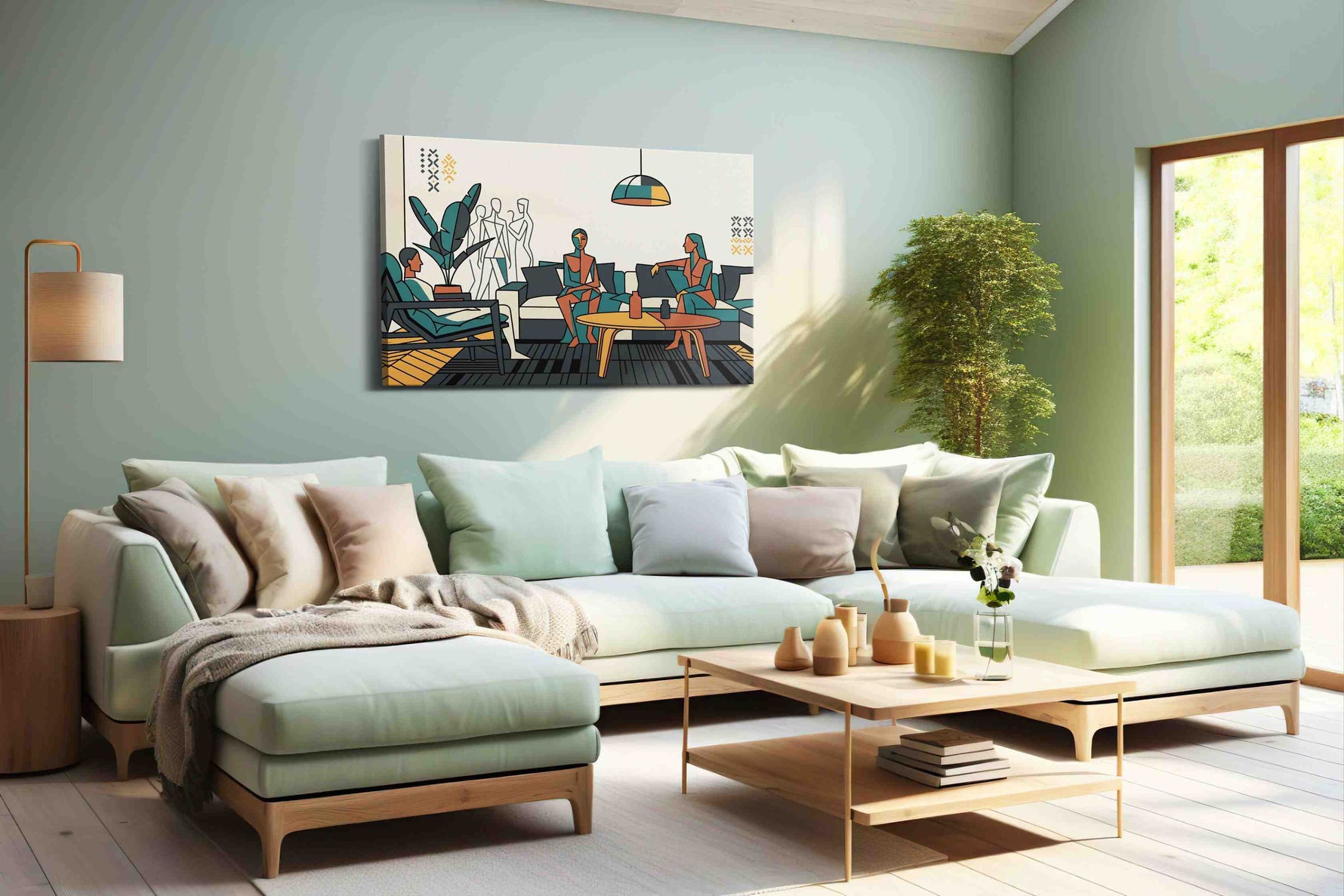 Teal Reverie Gathering canvas wall art shown hanging in a styled interior