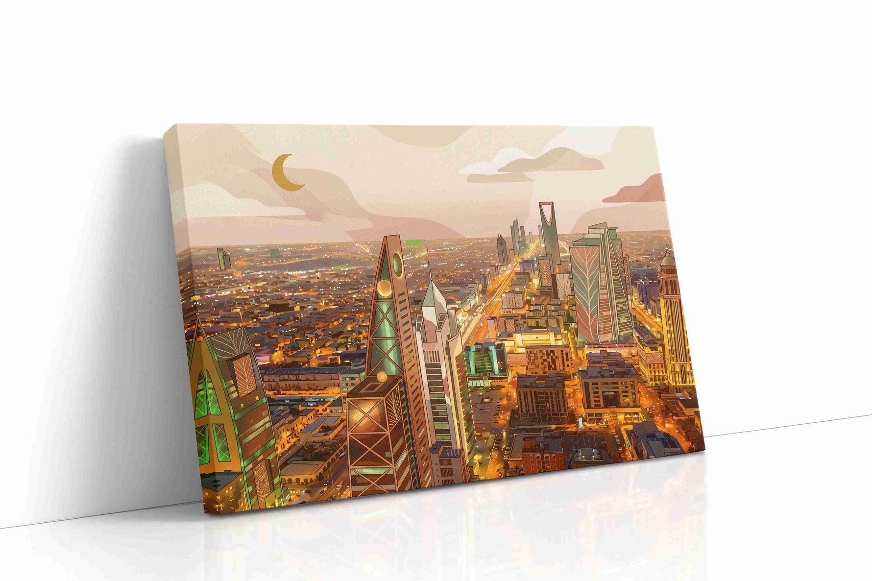 Crescent Over Golden Riyadh modern canvas wall art displayed above a bed in a contemporary bedroom