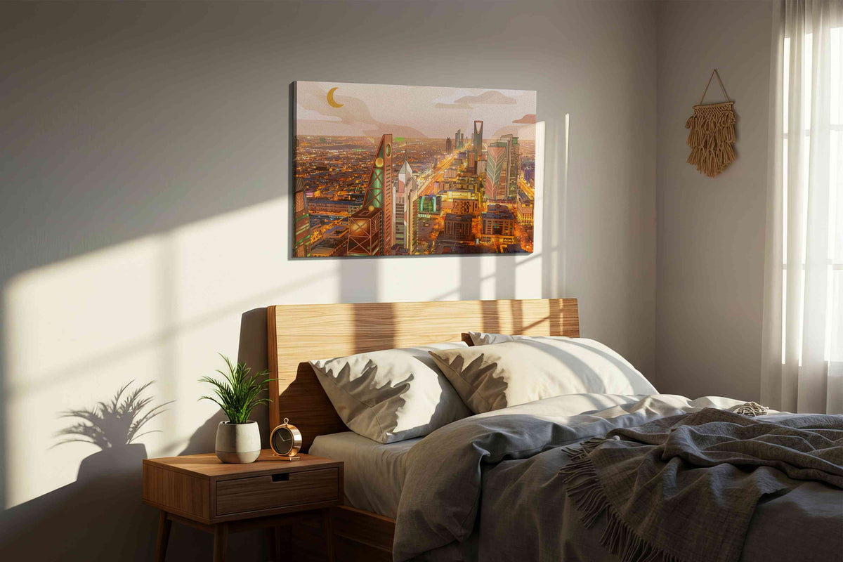 Crescent Over Golden Riyadh modern canvas wall art displayed above a bed in a styled bedroom scene