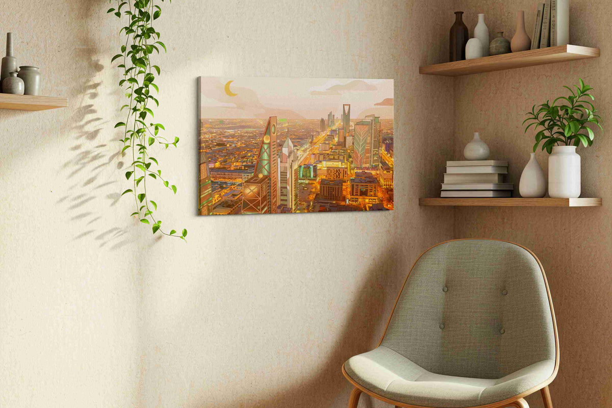 Crescent Over Golden Riyadh modern canvas wall art displayed above a sofa in a modern living room
