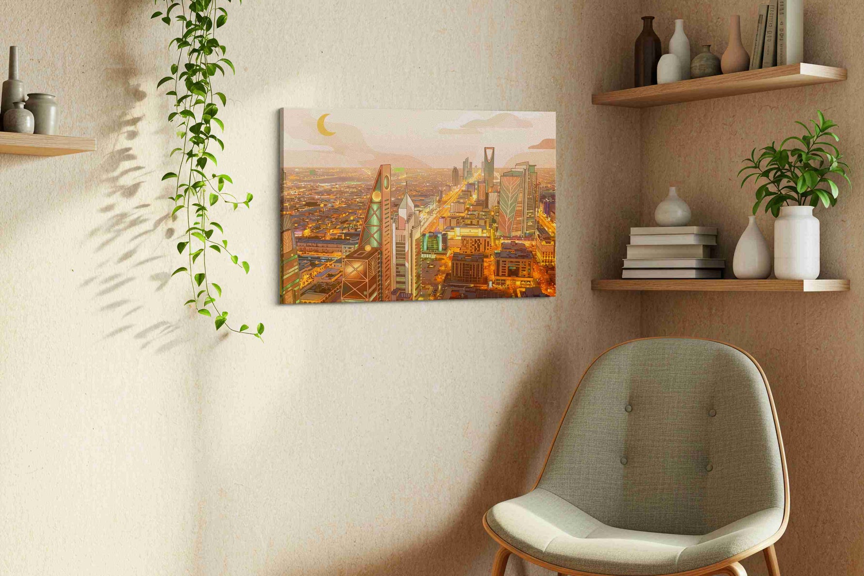 Crescent Over Golden Riyadh modern canvas wall art displayed above a sofa in a modern living room