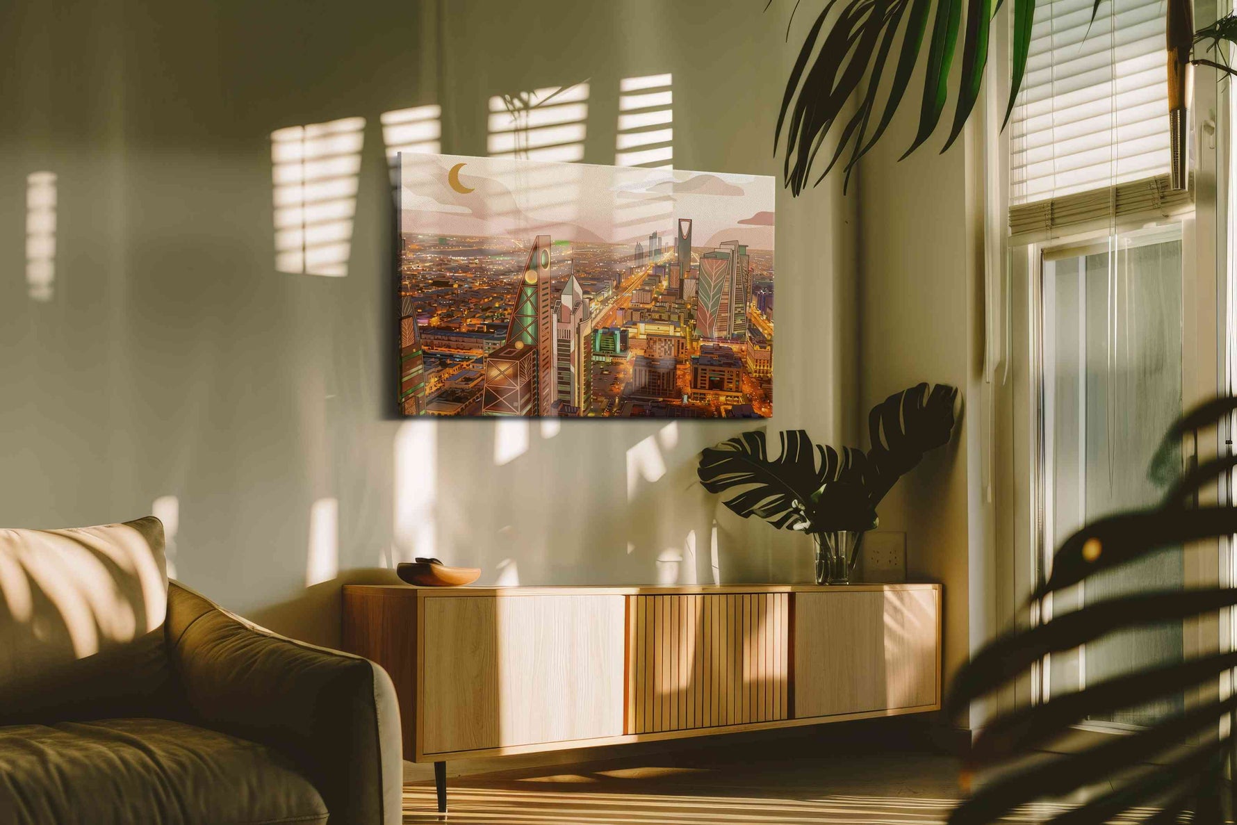 Crescent Over Golden Riyadh modern canvas wall art shown hanging in a styled interior
