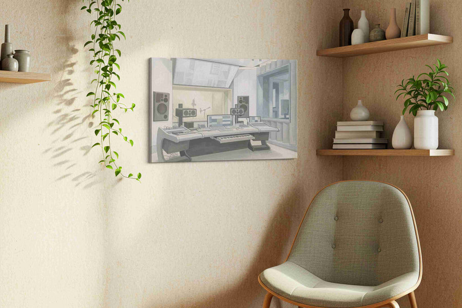 Silver Echo Chamber modern canvas wall art displayed above a sofa in a styled living room scene