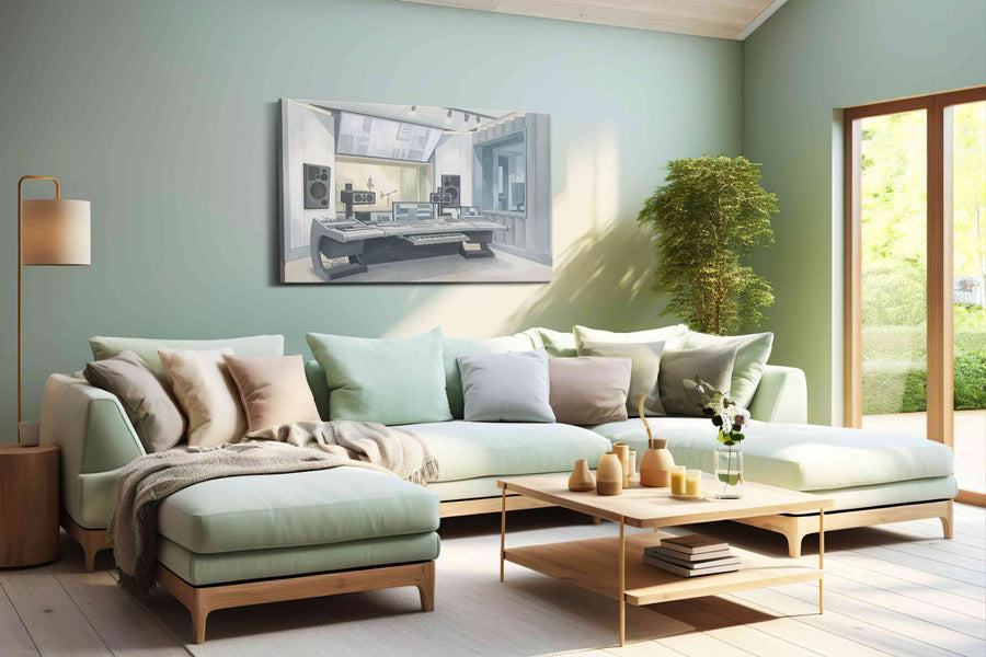 Silver Echo Chamber modern canvas wall art shown hanging in a styled interior