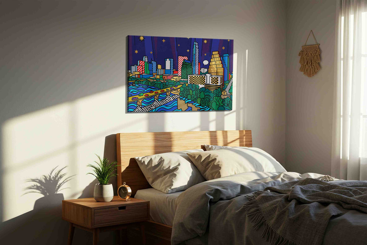 Starlit Skyline Rhapsody modern canvas wall art displayed above a bed in a styled bedroom scene