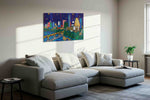 Starlit Skyline Rhapsody modern canvas wall art displayed above a sofa in a styled living room scene