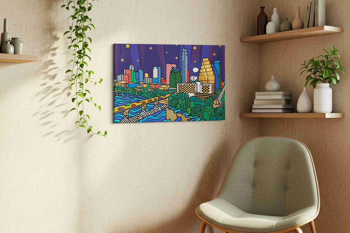 Starlit Skyline Rhapsody modern canvas wall art styled in a living room