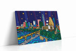 Starlit Skyline Rhapsody modern canvas wall art displayed above a sofa in a modern living room