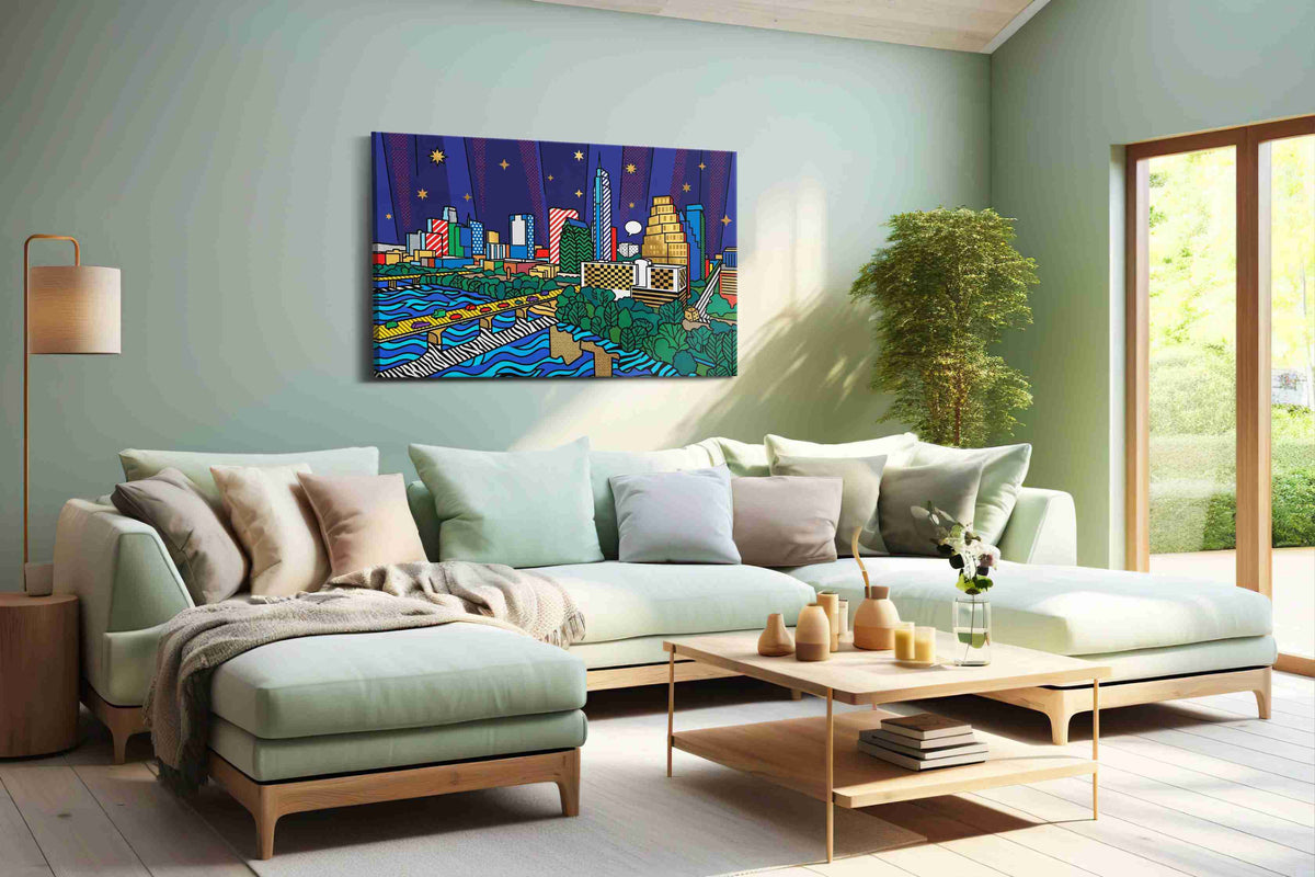 Starlit Skyline Rhapsody modern canvas wall art shown hanging in a styled interior