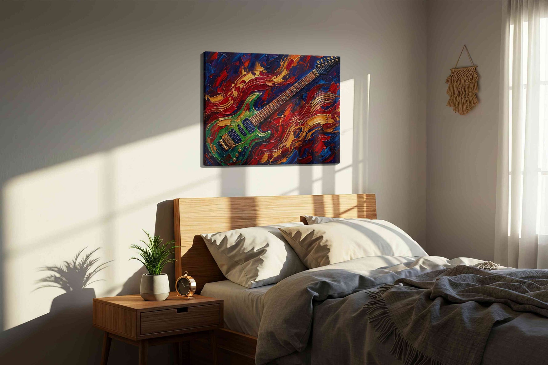 Crimson Riff Tempest music canvas wall art displayed above a bed in a styled bedroom scene