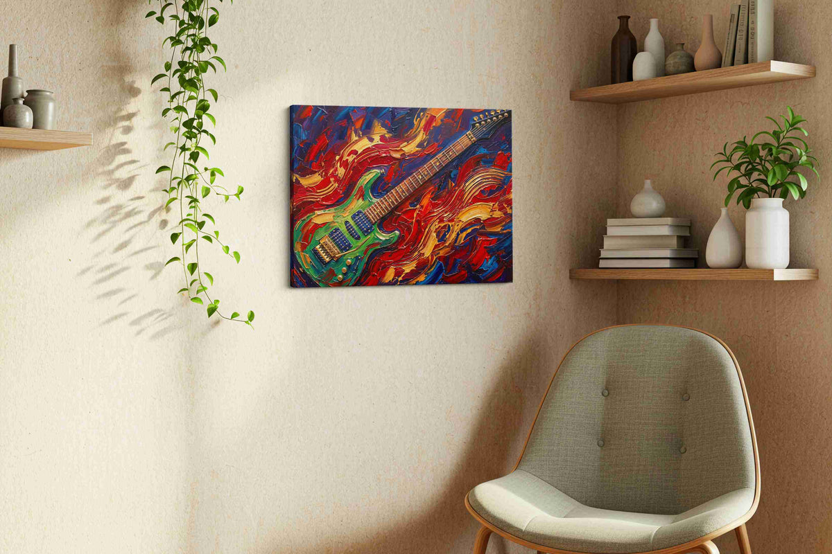 Crimson Riff Tempest music canvas wall art displayed above a sofa in a styled living room scene