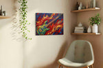 Crimson Riff Tempest music canvas wall art displayed above a sofa in a styled living room scene