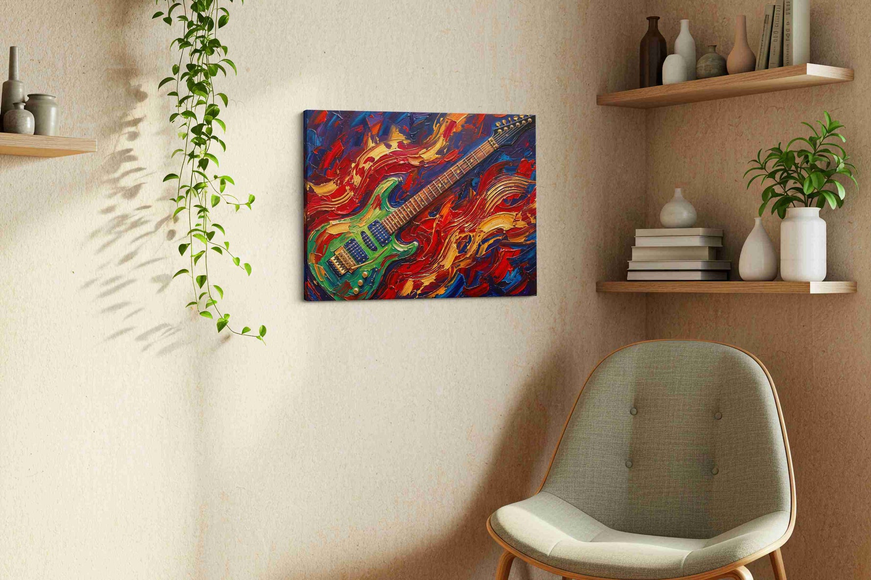 Crimson Riff Tempest music canvas wall art displayed above a sofa in a styled living room scene