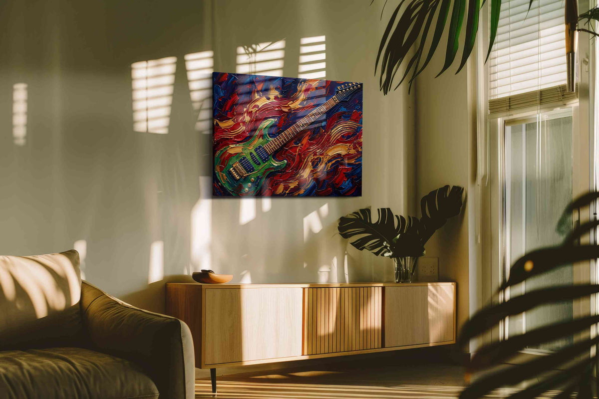 Crimson Riff Tempest music canvas wall art in a contemporary interior mockup
