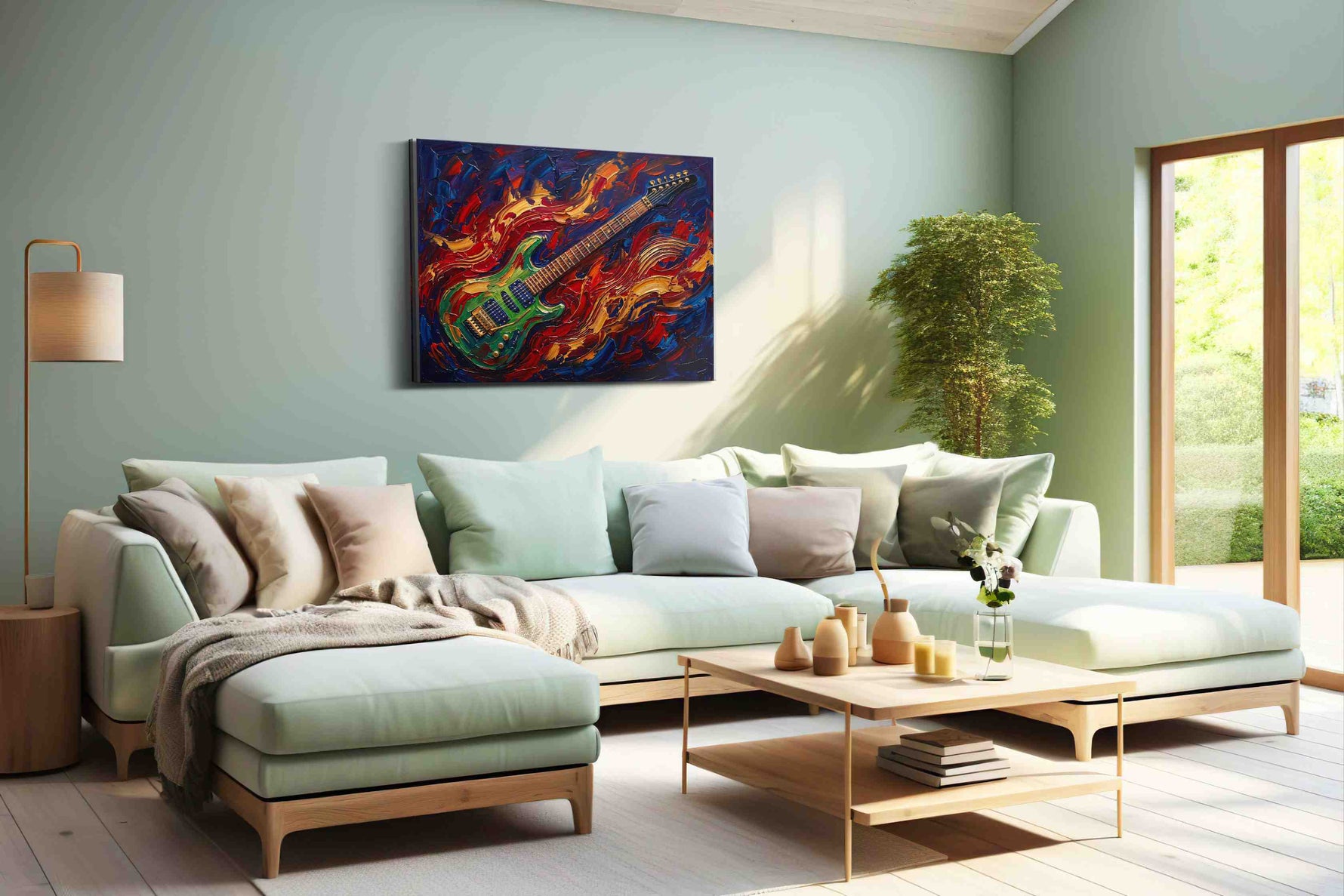 Crimson Riff Tempest music canvas wall art shown hanging in a styled interior