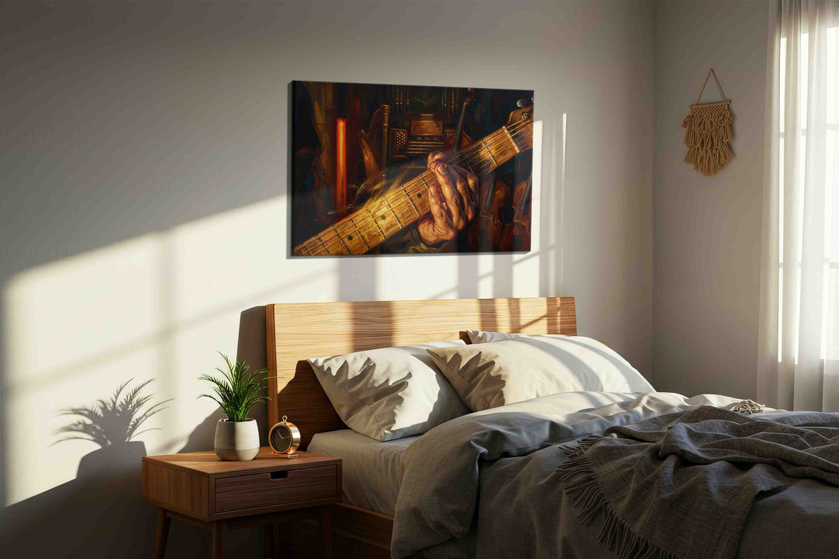 Embers of the Orchestra music canvas wall art displayed above a bed in a styled bedroom scene