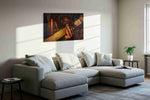 Embers of the Orchestra music canvas wall art displayed above a sofa in a styled living room scene
