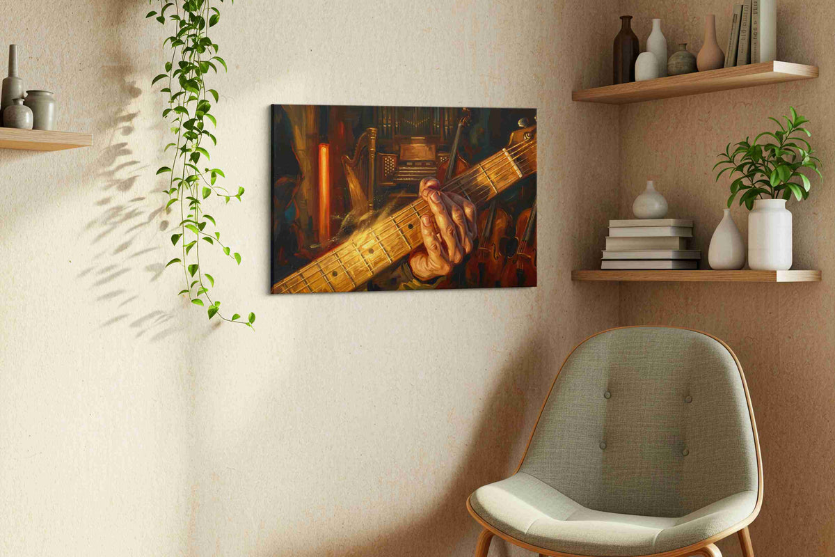 Embers of the Orchestra music canvas wall art styled in a living room