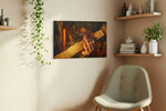 Embers of the Orchestra music canvas wall art styled in a living room