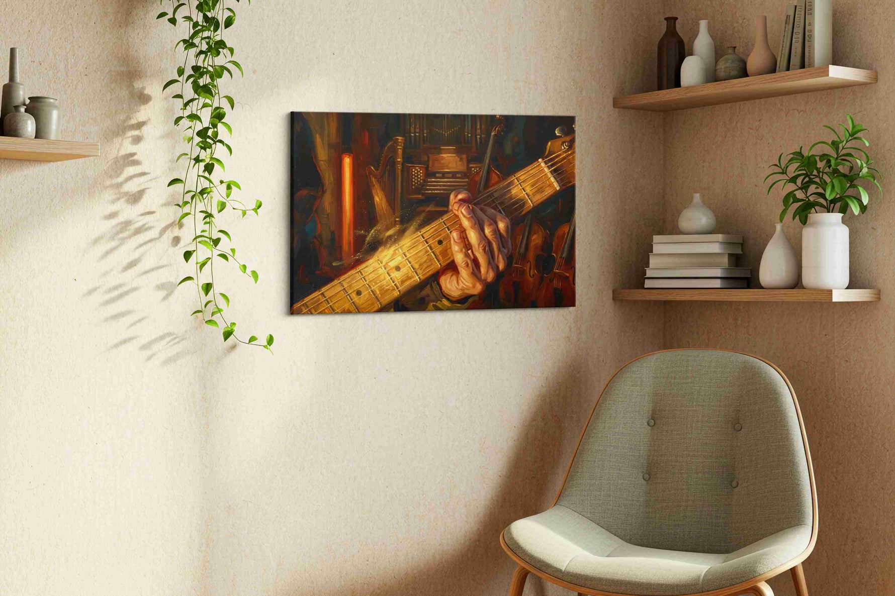 Embers of the Orchestra music canvas wall art styled in a living room