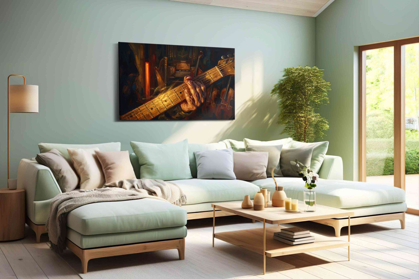 Embers of the Orchestra music canvas wall art shown hanging in a styled interior