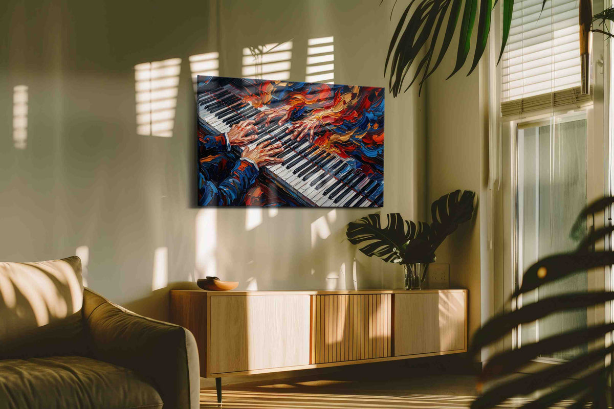 Embers on Ivory Keys music canvas wall art in a contemporary interior mockup