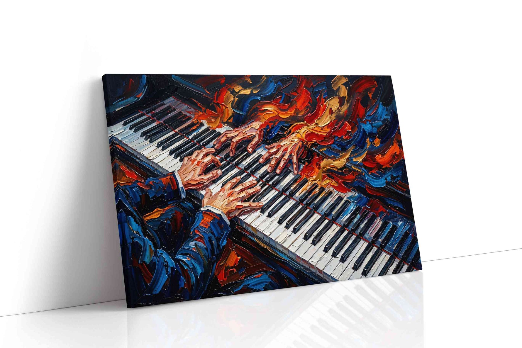 Embers on Ivory Keys music canvas wall art displayed above a sofa in a modern living room