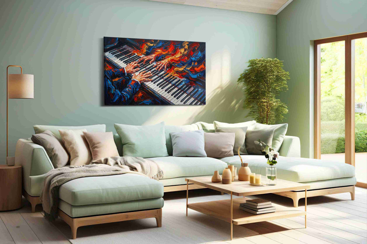 Embers on Ivory Keys music canvas wall art shown hanging in a styled interior