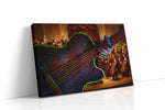 Symphony of the Neon Maestro music canvas wall art displayed above a sofa in a modern living room