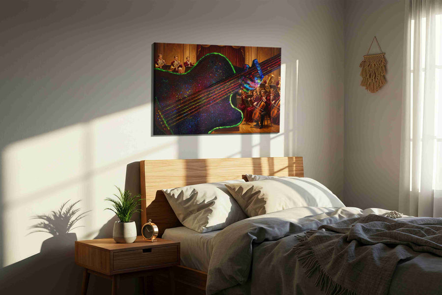 Symphony of the Neon Maestro music canvas wall art displayed above a bed in a styled bedroom scene