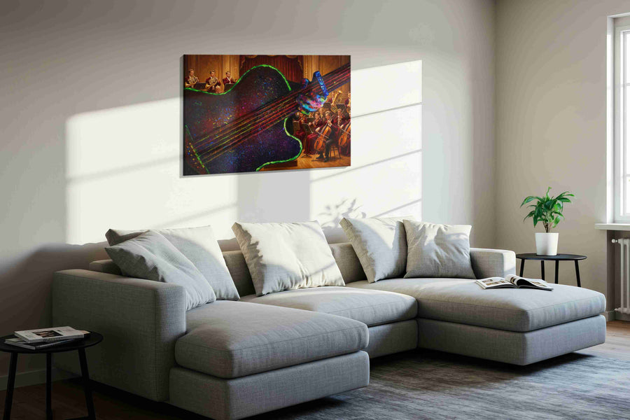 Symphony of the Neon Maestro music canvas wall art styled in a living room