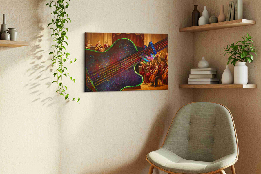 Symphony of the Neon Maestro music canvas wall art displayed above a bed in a contemporary bedroom