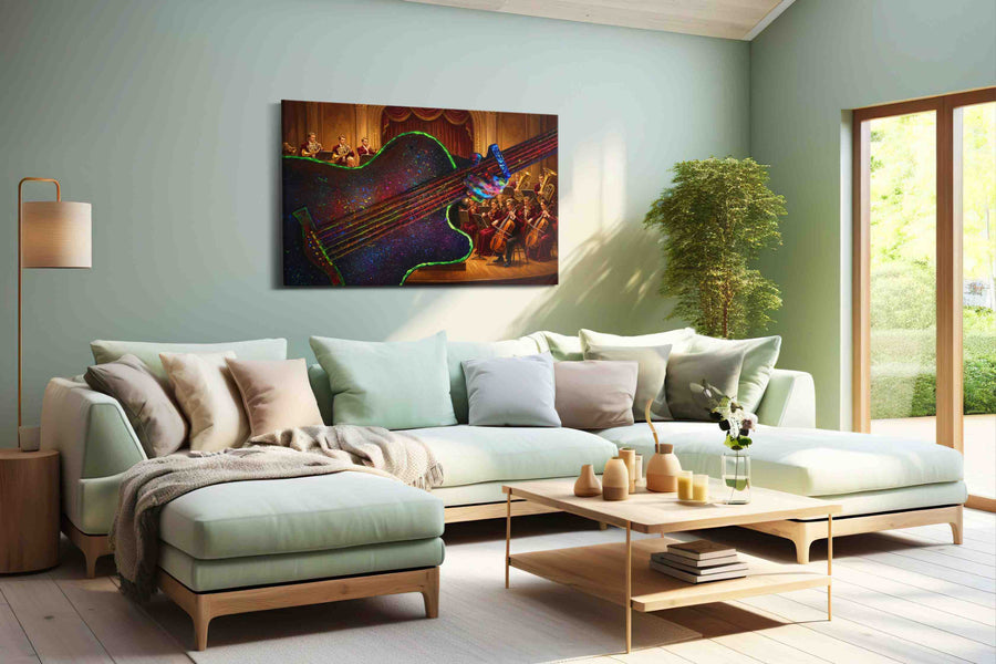 Symphony of the Neon Maestro music canvas wall art shown in a wall scene