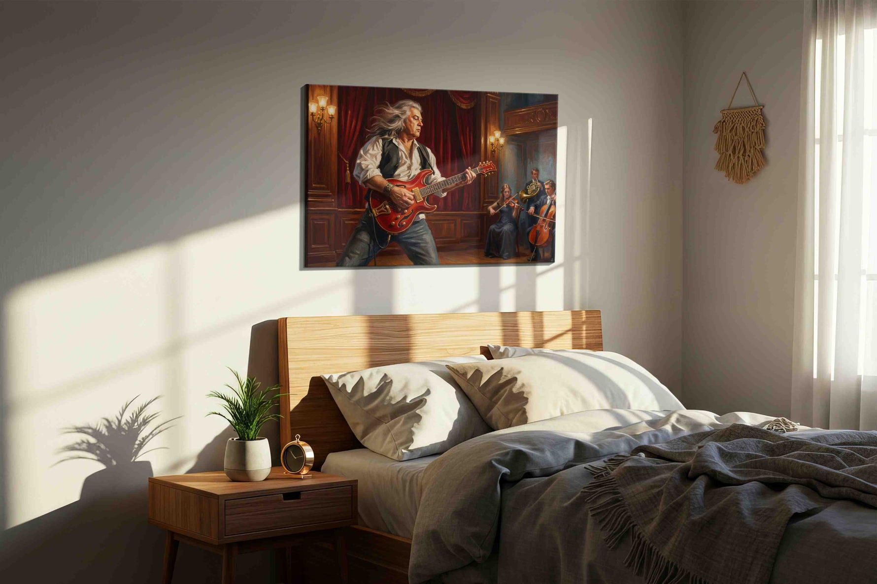 Velvet Crescendo Rebellion music canvas wall art displayed above a bed in a styled bedroom scene