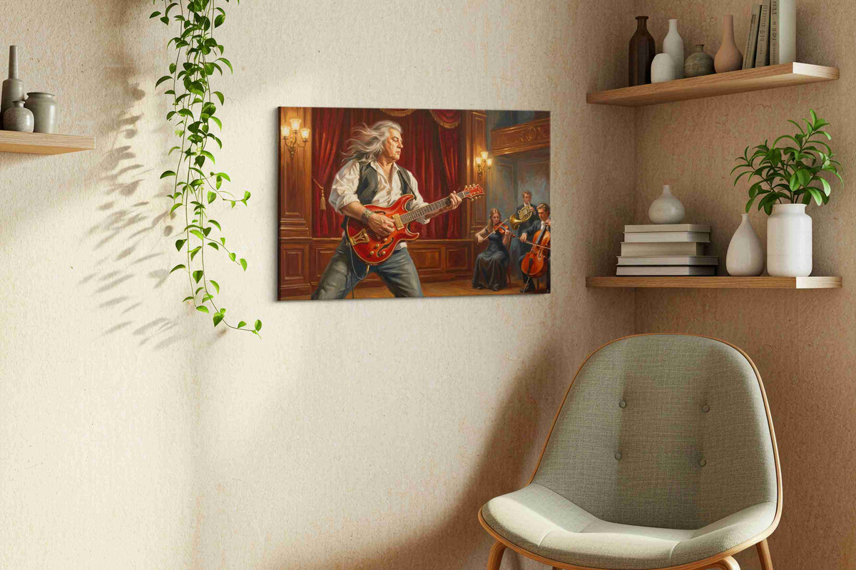 Velvet Crescendo Rebellion music canvas wall art displayed above a bed in a contemporary bedroom