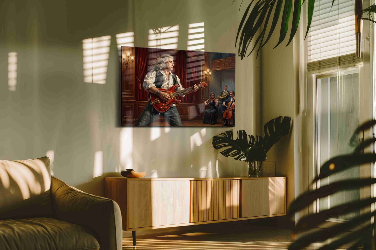 Velvet Crescendo Rebellion music canvas wall art shown hanging in a sleek modern interior