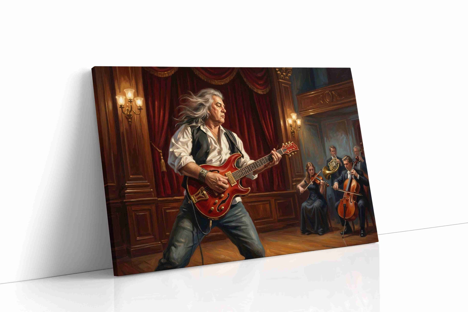 Velvet Crescendo Rebellion music canvas wall art displayed above a sofa in a modern living room
