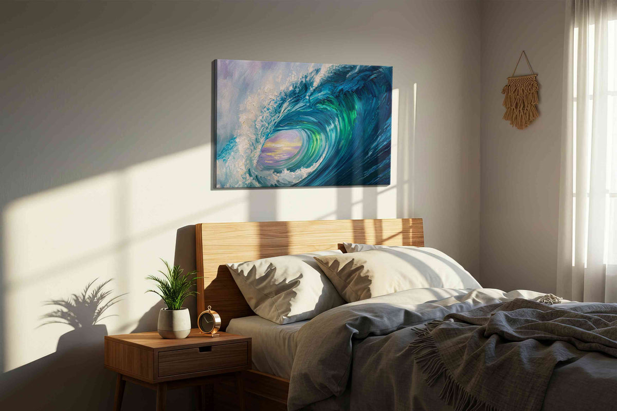 Aurora Within the Break coastal canvas wall art displayed above a bed in a styled bedroom scene