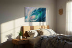 Aurora Within the Break coastal canvas wall art displayed above a bed in a styled bedroom scene
