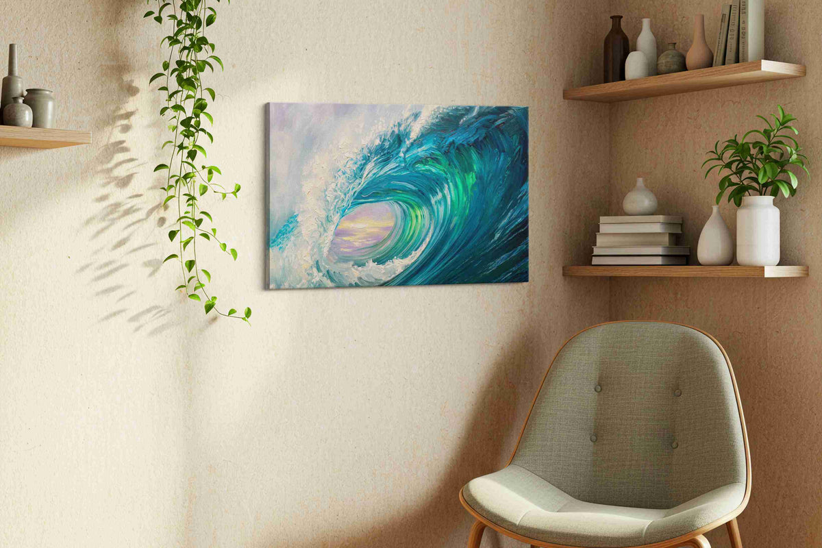Aurora Within the Break coastal canvas wall art styled in a living room