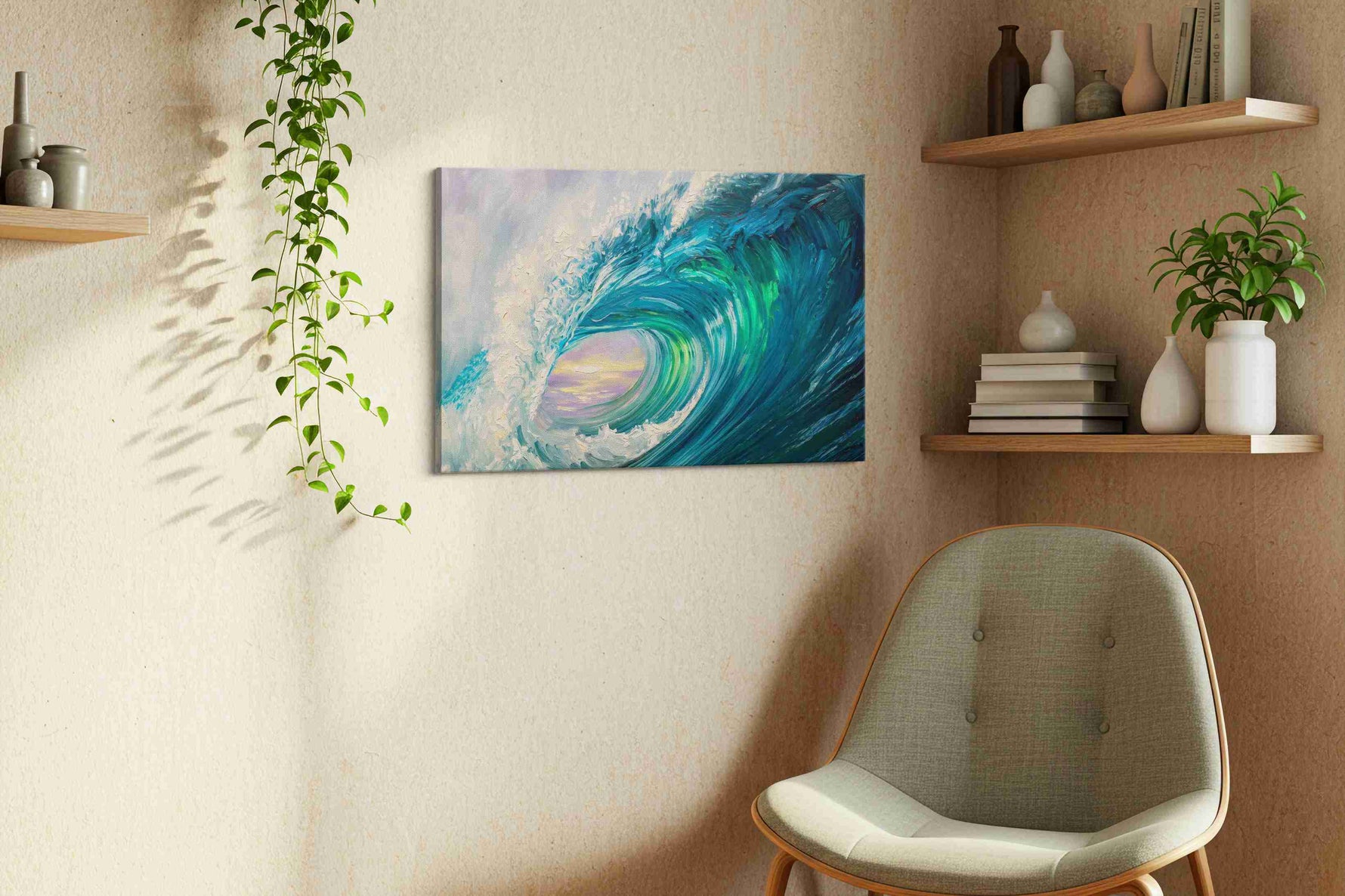Aurora Within the Break coastal canvas wall art styled in a living room