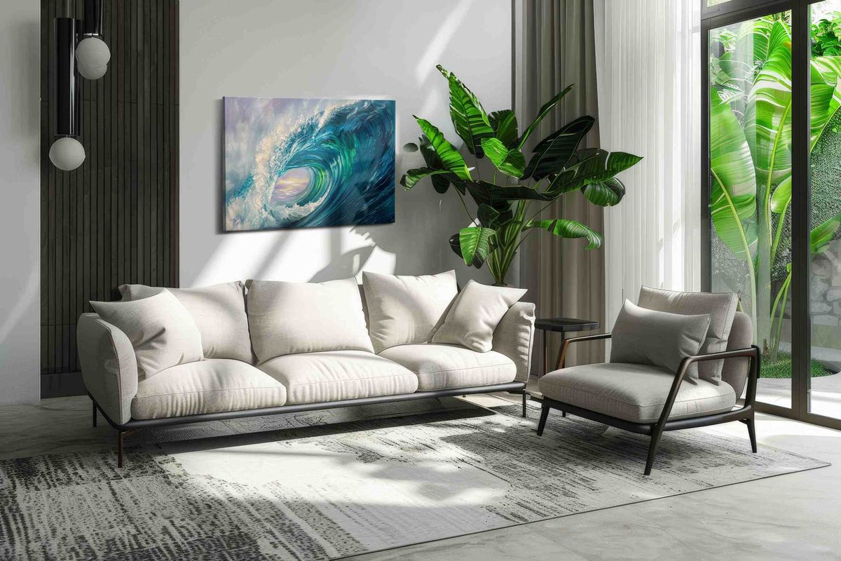 Aurora Within the Break coastal canvas wall art in a modern interior mockup