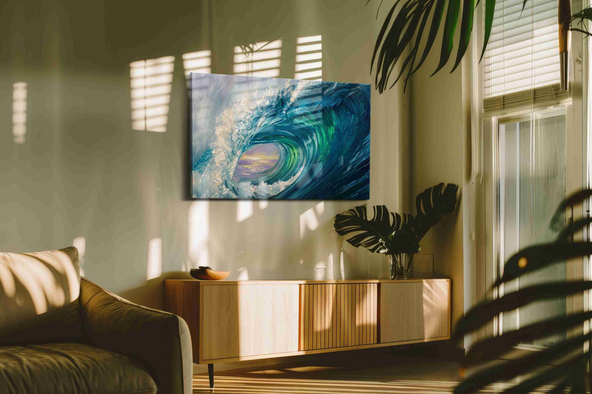 Aurora Within the Break coastal canvas wall art shown hanging in a styled interior