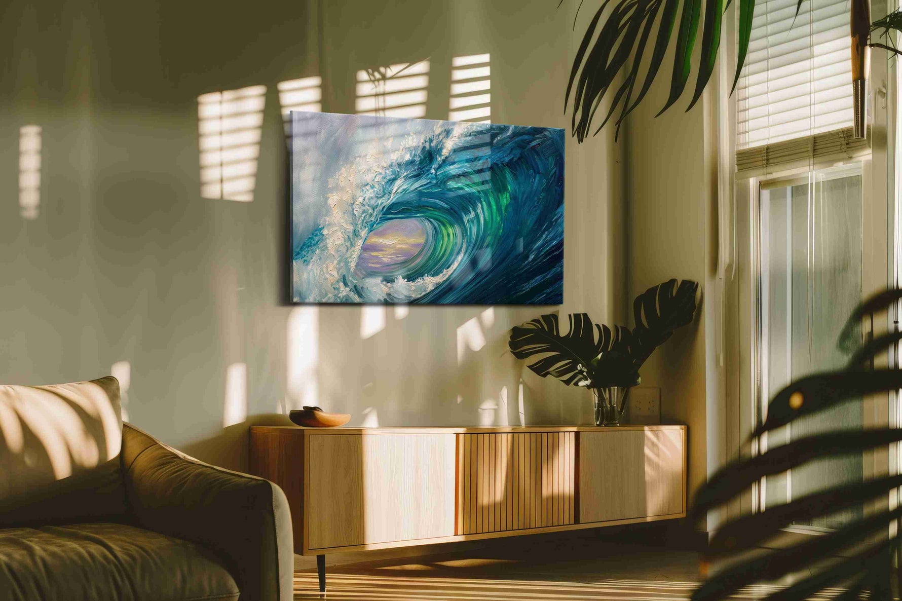 Aurora Within the Break coastal canvas wall art shown hanging in a styled interior