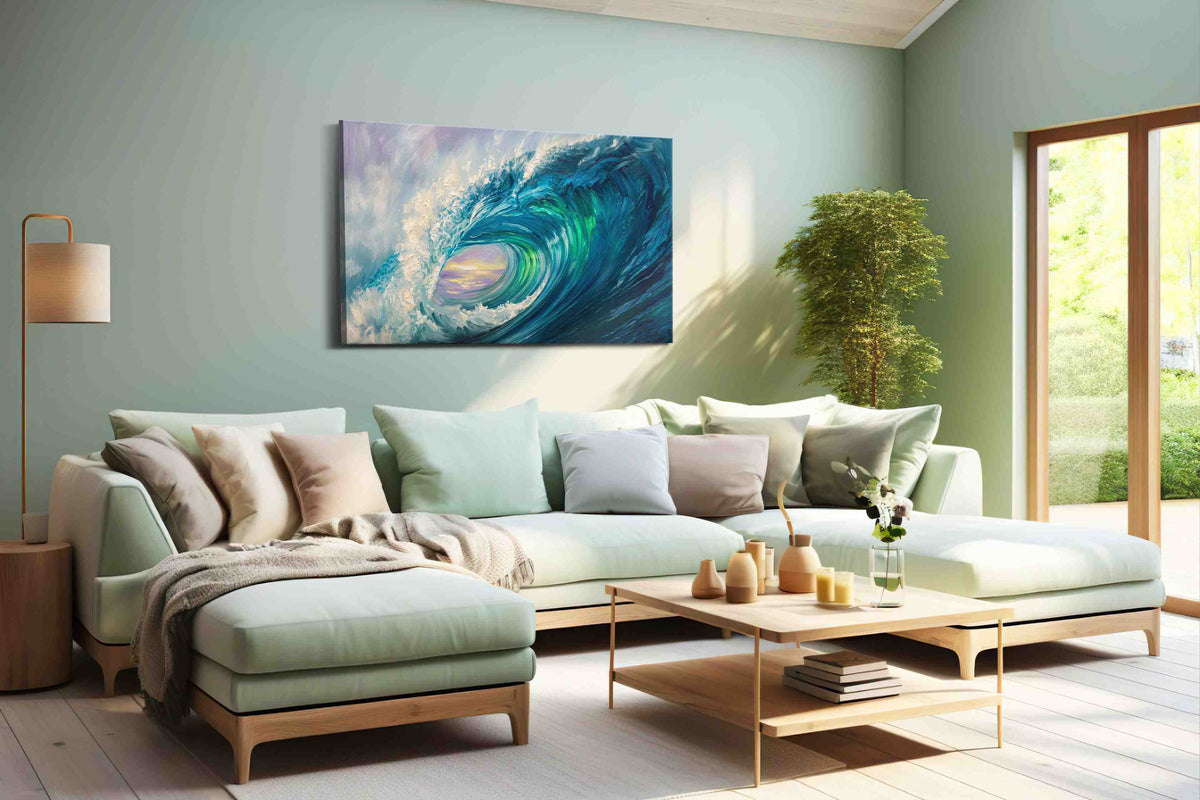 Aurora Within the Break coastal canvas wall art displayed above a bed in a contemporary bedroom