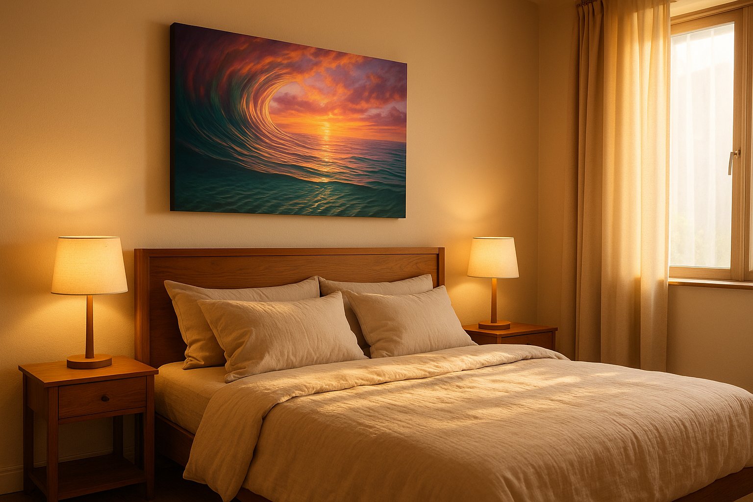 Ember Tide Reverie coastal canvas wall art displayed above a bed in a styled bedroom scene