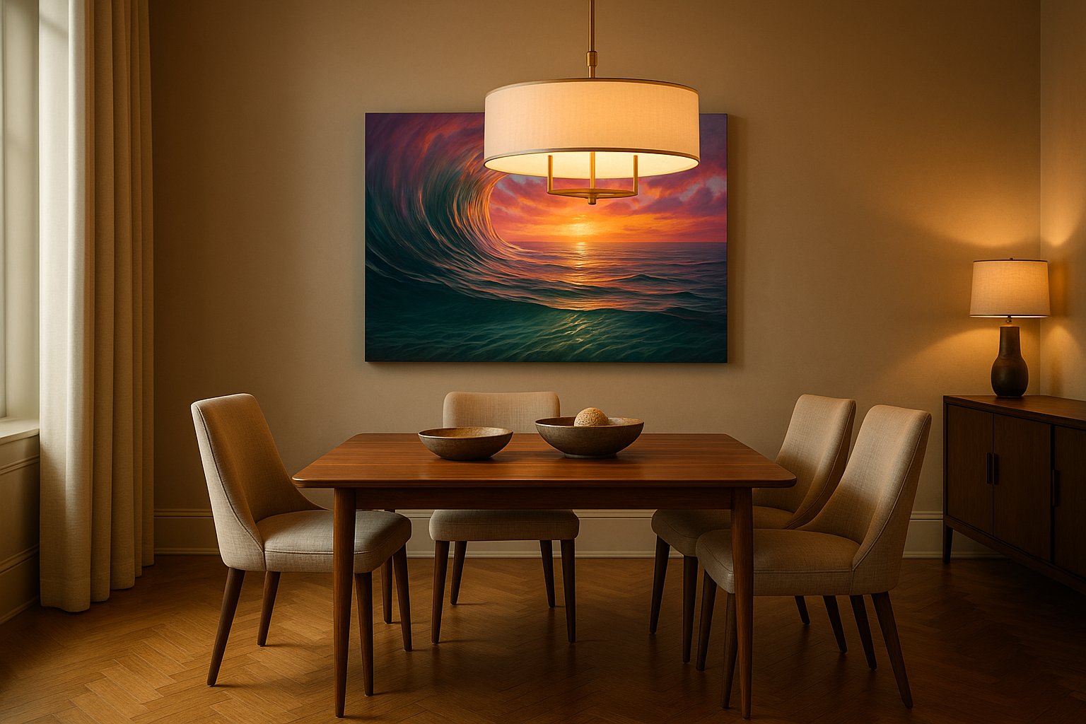 Ember Tide Reverie coastal canvas wall art displayed above a bed in a contemporary bedroom