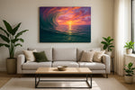 Ember Tide Reverie coastal canvas wall art displayed above a sofa in a styled living room scene
