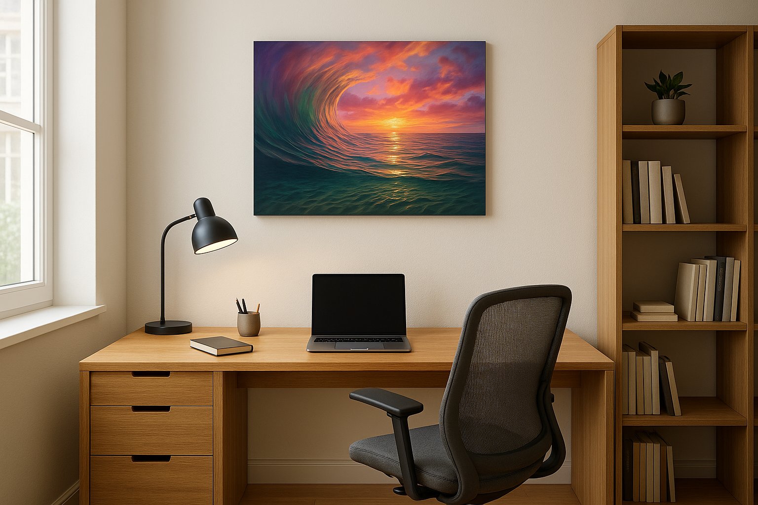 Ember Tide Reverie coastal canvas wall art displayed above a sofa in a modern living room